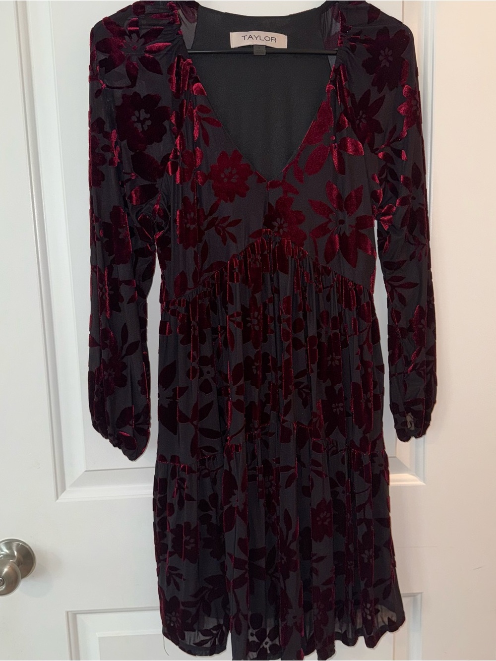 Taylor Black Dress with Burgundy Floral Velvet Burnout